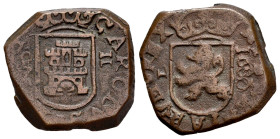 Charles II (1665-1700). 2 maravedis. 1680. Valladolid. L. (Cal-105). Ae. 6,70 g. Almost VF. Est...30,00. 

Spanish description: Carlos II (1665-1700...