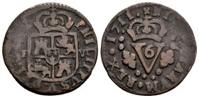 Philip V (1700-1746). Seiseno. 1711. Valencia. (Cal-13). Ae. 6,15 g. Choice F/Almost VF. Est...20,00. 

Spanish description: Felipe V (1700-1746). S...