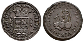 Philip V (1700-1746). 1 maravedi. 1720. Barcelona. (Cal-45). Ae. 2,21 g. Choice VF. Est...35,00. 

Spanish description: Felipe V (1700-1746). 1 mara...