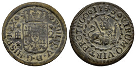 Philip V (1700-1746). 2 maravedis. 1745. Segovia. (Cal-74). Ae. 2,95 g. Choice VF. Est...30,00. 

Spanish description: Felipe V (1700-1746). 2 marav...
