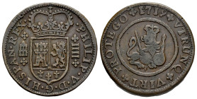 Philip V (1700-1746). 4 maravedis. 1719. Segovia. (Cal-92). Ae. 9,14 g. VF/Almost VF. Est...35,00. 

Spanish description: Felipe V (1700-1746). 4 ma...