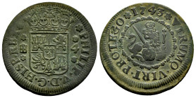 Philip V (1700-1746). 4 maravedis. 1743. Segovia. (Cal-95). Ae. 6,03 g. Choice VF. Est...40,00. 

Spanish description: Felipe V (1700-1746). 4 marav...