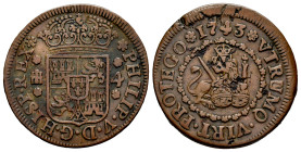 Philip V (1700-1746). 4 maravedis. 1743. Segovia. (Cal-95). Ae. 6,59 g. Almost VF. Est...35,00. 

Spanish description: Felipe V (1700-1746). 4 marav...
