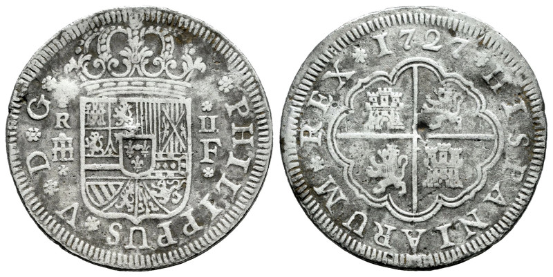 Philip V (1700-1746). 2 reales. 1727. Segovia. F. (Cal-961). Ag. 4,01 g. Knocks....