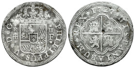 Philip V (1700-1746). 2 reales. 1727. Segovia. F. (Cal-961). Ag. 4,01 g. Knocks. Almost VF/Choice F. Est...40,00. 

Spanish description: Felipe V (1...