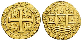 Philip V (1700-1746). 8 escudos. 1707. Lima. H. Au. 6,39 g. Curious ancient fantasy made in the size of 2 Escudos. Choice VF. Est...700,00. 

Spanis...