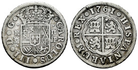Charles III (1759-1788). 2 reales. 1761. Madrid. JP. (Cal-609). Ag. 5,78 g. Choice F/Almost VF. Est...35,00. 

Spanish description: Carlos III (1759...