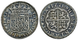 Charles III (1759-1788). 2 reales. 1770. Madrid. PJ. (Cal-619). Ag. 5,53 g. Scratches on obverse. Toned. VF. Est...50,00. 

Spanish description: Car...