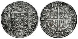Charles III (1759-1788). 2 reales. 1762. Sevilla. JV. (Cal-775). Ag. 5,77 g. Horizontal assayers´s marks. Wavy flan. Scarce. Almost VF. Est...60,00. ...
