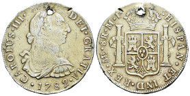 Charles III (1759-1788). 8 reales. 1782. Lima. MI. (Cal-1048). Ag. 26,28 g. Hole at 12 o´clock. Knocks. Choice F. Est...30,00. 

Spanish description...
