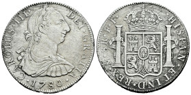 Charles III (1759-1788). 8 reales. 1780. Mexico. FF. (Cal-1120). Ag. 26,82 g. Cleaning scratches. VF. Est...60,00. 

Spanish description: Carlos III...