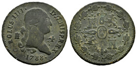 Charles IV (1788-1808). 4 maravedis. 1788. Segovia. (Cal-42). Ae. 5,34 g. Rare. VF. Est...60,00. 

Spanish description: Carlos IV (1788-1808). 4 mar...