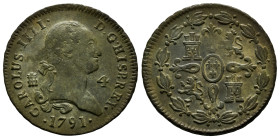 Charles IV (1788-1808). 4 maravedis. 1791. Segovia. (Cal-45). Ae. 5,31 g. VF/Choice VF. Est...35,00. 

Spanish description: Carlos IV (1788-1808). 4...