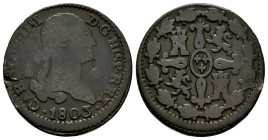 Charles IV (1788-1808). 4 maravedis. 1803. Segovia. (Cal-57). Ae. 5,04 g. F/Choice F. Est...20,00. 

Spanish description: Carlos IV (1788-1808). 4 m...