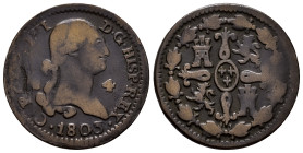 Charles IV (1788-1808). 4 maravedis. 1803. Segovia. (Cal-57). Ae. 4,58 g. Choice F. Est...35,00. 

Spanish description: Carlos IV (1788-1808). 4 mar...