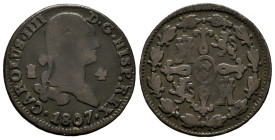 Charles IV (1788-1808). 4 maravedis. 1807. Segovia. (Cal-61). Ae. 4,89 g. F. Est...20,00. 

Spanish description: Carlos IV (1788-1808). 4 maravedís....