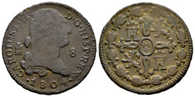 Charles IV (1788-1808). 8 maravedis. 1804. Segovia. (Cal-81). Ae. 11,72 g. Almost VF. Est...25,00. 

Spanish description: Carlos IV (1788-1808). 8 m...