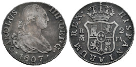 Charles IV (1788-1808). 2 reales. 1807. Madrid. FA. (Cal-616). Ag. 5,88 g. Almost VF/VF. Est...30,00. 

Spanish description: Carlos IV (1788-1808). ...