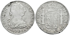 Charles IV (1788-1808). 8 reales. 1790. Mexico. FM. (Cal-951). Ag. 26,55 g. Bust of Charles III. Ordinal IV. Knock on edge. Scarce. Choice F. Est...70...