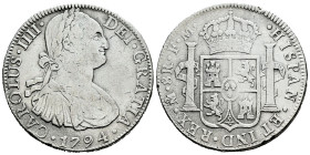 Charles IV (1788-1808). 8 reales. 1794. Mexico. FM. (Cal-956). Ag. 26,52 g. Minor nicks on edge. Almost VF/Choice F. Est...50,00. 

Spanish descript...