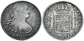 Charles IV (1788-1808). 8 reales. 1803. Mexico. FT. (Cal-977). Ag. 26,71 g. Dark patina. Almost VF. Est...50,00. 

Spanish description: Carlos IV (1...