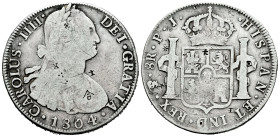 Charles IV (1788-1808). 8 reales. 1804. Potosí. PJ. (Cal-1008). Ag. 26,37 g. Chop marks. F/Choice F. Est...50,00. 

Spanish description: Carlos IV (...