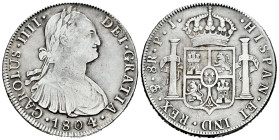 Charles IV (1788-1808). 8 reales. 1804. Potosí. PJ. (Cal-1008). Ag. 26,59 g. Removed from Jewelry. VF. Est...50,00. 

Spanish description: Carlos IV...