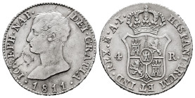 Joseph Napoleon (1808-1814). 4 reales. 1811. Madrid. AI. (Cal-15). Ag. 5,79 g. Striking defect. Almost VF/VF. Est...35,00. 

Spanish description: Jo...