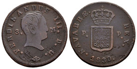 Ferdinand VII (1808-1833). 3 maravedis. 1830. Pamplona. (Cal-51). Ae. 5,66 g. "Cabezon" type. Choice F. Est...30,00. 

Spanish description: Fernando...