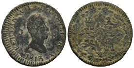Ferdinand VII (1808-1833). 8 maravedis. 1813. Jubia. (Cal-191). Ae. 9,97 g. Scarce. Almost VF. Est...35,00. 

Spanish description: Fernando VII (180...