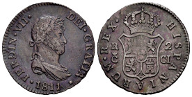 Ferdinand VII (1808-1833). 2 reales. 1811. Cadiz. CI. (Cal-726). Ag. 5,88 g. Dark patina. Defect on obverse. Scratch on obverse. VF. Est...50,00. 

...