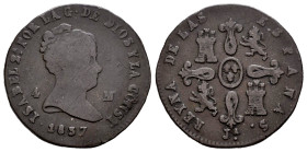Elizabeth II (1833-1868). 4 maravedis. 1837. Jubia. (Cal-67). Ae. 4,57 g. F. Est...20,00. 

Spanish description: Isabel II (1833-1868). 4 maravedís....