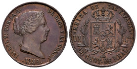 Elizabeth II (1833-1868). 25 centimos de real. 1856. Segovia. (Cal-189). Ae. 9,50 g. Nicks on edge. VF/Choice VF. Est...30,00. 

Spanish description...