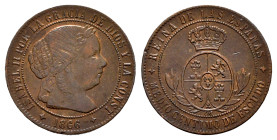 Elizabeth II (1833-1868). 1/2 centimo de escudo. 1866. Jubia. OM. (Cal-202). Ae. 1,25 g. Choice VF. Est...20,00. 

Spanish description: Isabel II (1...