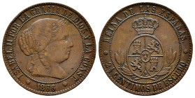 Elizabeth II (1833-1868). 2 1/2 centimos de escudo. 1866. Barcelona. (Cal-230). Ae. 6,29 g. Without OM. VF. Est...25,00. 

Spanish description: Isab...