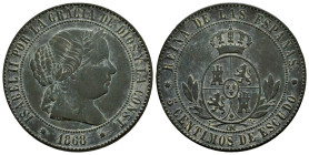 Elizabeth II (1833-1868). 5 centimos de escudo. 1868. Barcelona. OM. (Cal-246). Ae. 12,31 g. Choice VF/VF. Est...30,00. 

Spanish description: Isabe...