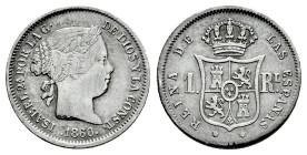 Elizabeth II (1833-1868). 1 real. 1860. Madrid. (Cal-309). Ag. 1,30 g. VF. Est...20,00. 

Spanish description: Isabel II (1833-1868). 1 real. 1860. ...