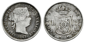 Elizabeth II (1833-1868). 1 real. 1863. Sevilla. (Cal-336). Ag. 1,28 g. Almost VF. Est...18,00. 

Spanish description: Isabel II (1833-1868). 1 real...