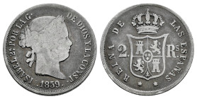 Elizabeth II (1833-1868). 2 reales. 1859. Madrid. (Cal-374). Ag. 2,48 g. F/Choice F. Est...18,00. 

Spanish description: Isabel II (1833-1868). 2 re...