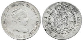 Elizabeth II (1833-1868). 4 reales. 1849. Madrid. CL. (Cal-454). Ag. 5,19 g. Scratches. Knock on edge. Almost VF. Est...30,00. 

Spanish description...