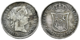 Elizabeth II (1833-1868). 40 centimos de escudo. 1866. Madrid. (Cal-501). Ag. 5,06 g. Knocks. Rust. Almost VF. Est...15,00. 

Spanish description: I...