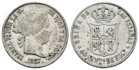 Elizabeth II (1833-1868). 40 centimos de escudo. 1867. Madrid. (Cal-502). Ag. 5,09 g. Choice F. Est...20,00. 

Spanish description: Isabel II (1833-...