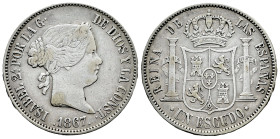 Elizabeth II (1833-1868). 1 escudo. 1867. Madrid. (Cal-565). Ag. 12,89 g. Almost VF. Est...30,00. 

Spanish description: Isabel II (1833-1868). 1 es...
