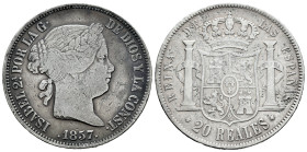 Elizabeth II (1833-1868). 20 reales. 1857. Madrid. (Cal-614). Ag. 25,64 g. Choice F. Est...50,00. 

Spanish description: Isabel II (1833-1868). 20 r...