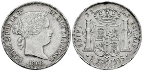 Elizabeth II (1833-1868). 20 reales. 1868*_ _-_ _. Madrid. (Cal-648). Ag. 25,82 g. Nicks on edge. Choice VF. Est...75,00. 

Spanish description: Isa...