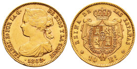 Elizabeth II (1833-1868). 10 escudos. 1868*18-68. Madrid. (Cal-815). Au. 8,44 g. Minor nicks on edge. Almost XF/XF. Est...420,00. 

Spanish descript...