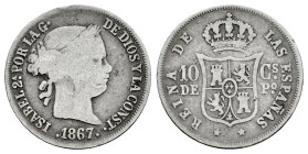 Elizabeth II (1833-1868). 10 centavos. 1867. Manila. (Cal-654). Ag. 2,42 g. Scarce. F/Choice F. Est...30,00. 

Spanish description: Isabel II (1833-...