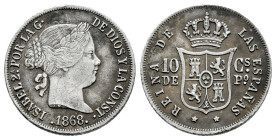 Elizabeth II (1833-1868). 10 centavos. 1868. Manila. (Cal-656). Ag. 2,53 g. Minor nicks on edge. Scratches. VF. Est...35,00. 

Spanish description: ...