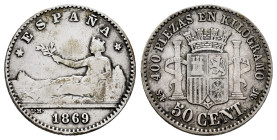Centenary of the Peseta (1868-1931). Provisional Government (1868-1871). 50 centimos. 1869*_-9. Madrid. SNM. (Cal-13). Ag. 2,43 g. Choice F/Almost VF....