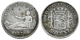 Centenary of the Peseta (1868-1931). Provisional Government (1868-1871). 50 centimos. 1870*_-_. Madrid. SNM. (Cal-15). Ag. 2,44 g. Choice F. Est...25,...